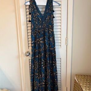 Teal Floral V-Neck Maxi Dress with Tassel Details